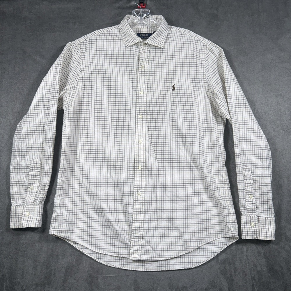 Polo Ralph Lauren Shirt Mens Large Ivory Brown Check Long Sleeve Button Up - Picture 1 of 13